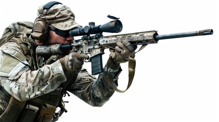 Wall Mural - A person in camouflage attire holds a rifle and assumes a shooting stance, suitable for use in military or outdoor themed contexts