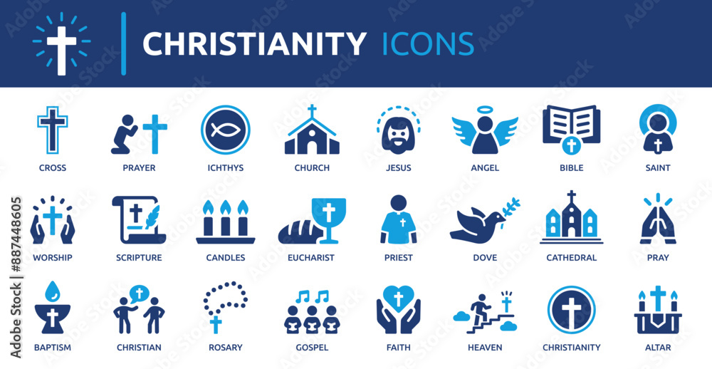Christianity icon set. Containing cross, church, bible, priest, prayer ...