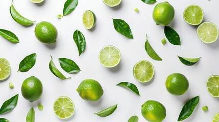 Wall Mural - Fresh green limes and leaves on white background with organic concept