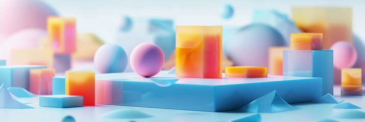 Abstract Futuristic 3D Render Minimalistic Style with Floating Geometric Shapes Isometric Design, Light Color Theme, Bright Background, and Soft Lighting