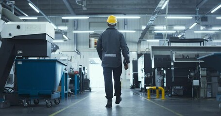 Leinwandbilder - African Male Worker in a Yellow Hard Hat and Workwear Walks Through a Modern, Automated AI Factory with a Tablet Computer, Inspecting Machinery and Providing Technical Assistance