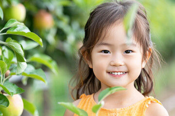 Wall Mural - Korean girl smile doing outdoor activity at apple field in the morning