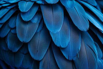 Beautiful blue color fashion background, close up of beautiful parrot feathers in the dark, texture wallpaper with copy space for text and design, abstract creative art concept.