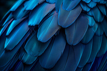 Wall Mural - beautiful blue color fashion background, close up of beautiful parrot feathers in the dark, texture 