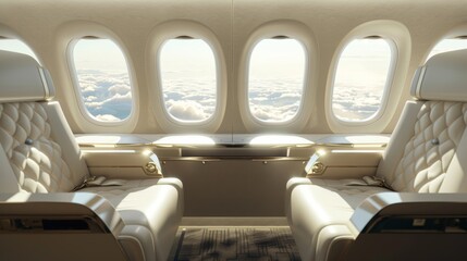 Wall Mural - An ultra-realistic photograph of the interior space in the front row window seats on board an airplane with beige leather seating and a white table, the windows show a clear sky