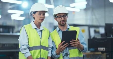 Leinwandbilder - Diverse Female and Male Technicians Operating Advanced Applications at a Modern Industrial Facility with a Tablet Computer. Professional Machinery Operators Program the Production Line