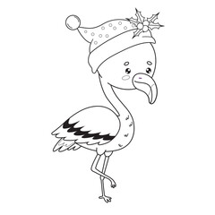 Wall Mural - Christmas flamingo in Santa hat with holly. Outline holiday cartoon kawaii bird character. Line drawing, coloring book. Vector illustration. Kids collection