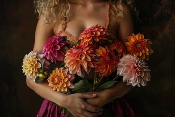 Canvas Print - A woman wearing a dress holds a bouquet of flowers, possibly for a special occasion or as a gift