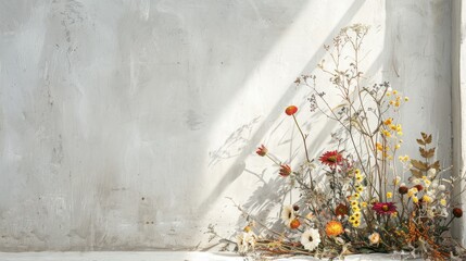 Canvas Print - Flowers arranged in a dry style against a white concrete wall