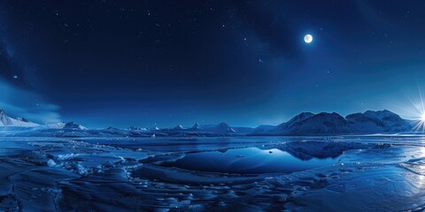 Sticker - A serene scene of the moon reflecting off a frozen lake, perfect for use in calendars, posters, or editorial content