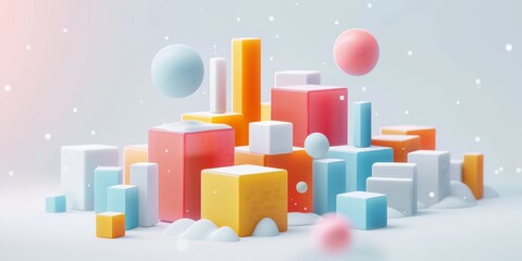 Abstract Futuristic 3D Render Minimalistic Style with Floating Geometric Shapes Isometric Design, Light Color Theme, Bright Background, and Soft Lighting