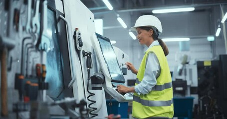 Leinwandbilder - Female Machinery Technician Using Laptop Computer and Programming a CNC Machine at an Advanced Metal Production Facility. Young Woman in Work Gear Setting Up Manufacturing Process in a Factory
