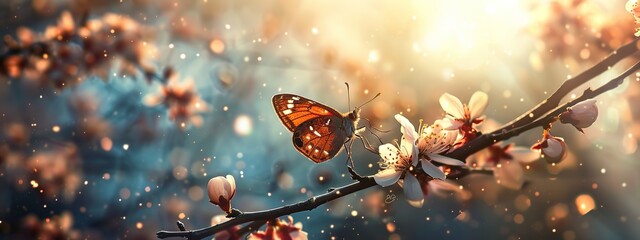 Wall Mural - Blooming apricot tree branch with perched butterflies creates a calm and peaceful atmosphere with soft and bright lighting on a blurry background