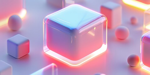 Abstract Futuristic 3D Render Minimalistic Style with Floating Geometric Shapes Isometric Design, Light Color Theme, Bright Background, and Soft Lighting