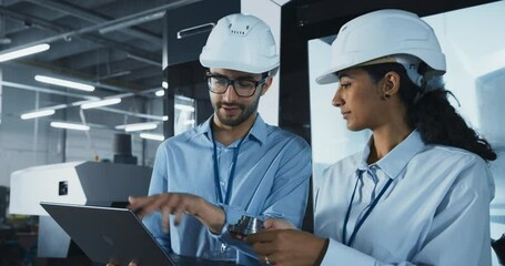 Leinwandbilder - Manufacturing Process Manager and Equipment Supervisor Having a Meeting on Factory Floor. Looking at a Metal part, Discussing Production Technology, Component Delivery Techniques and Dimensions