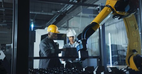 Leinwandbilder - Industrial Manufacturing Facility: Young Black and Hispanic Engineers Controlling a Robotic Arm with a Tablet Computer App. Operators Downloading New Production Instructions for the Machine