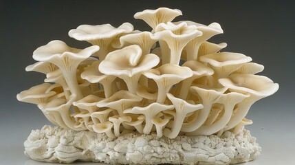 Sticker -   A close-up of a cluster of mushrooms on a white background with a gray background behind it