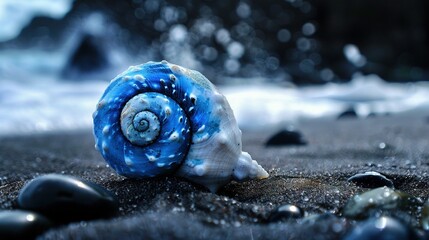 Poster -   A close-up of a blue-and-white shell on a sandy beach, with water splashing on top of it