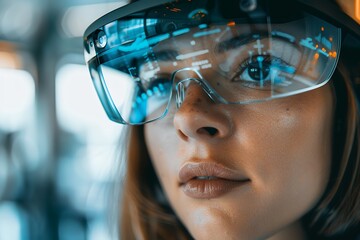 Wall Mural - Close up portrait of a woman wearing smart glasses with a google glass concept on her head, using futuristic augmented reality technology for a video call or communication in an office. Shot in the st