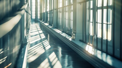 Sticker -   Sunlight enters a building with vertical bars on either side of the window openings and a metal balcony on the opposite side