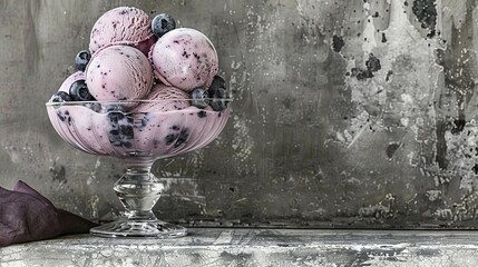 Wall Mural -   A bowl of ice cream and blueberries on a table next to a monochrome wall