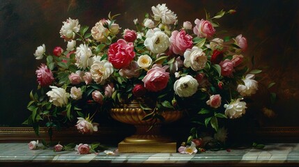 Sticker -   A golden urn containing pink and white blooms sits atop a checkered cloth-covered table