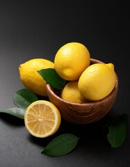 Poster - Lemon in a bowl on a black background, top view, copy space 