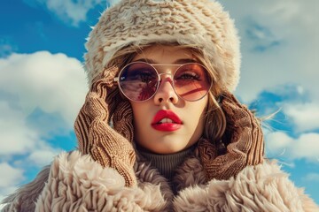 Sticker - A woman wears sunglasses and a fur coat, perfect for casual, fashionable outings