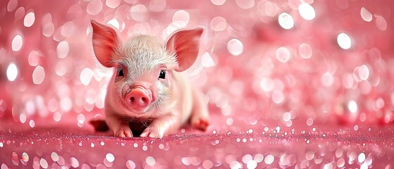 Poster -   A pig resting on a pink background with a blurry background and pink bokeh lights in the backdrop