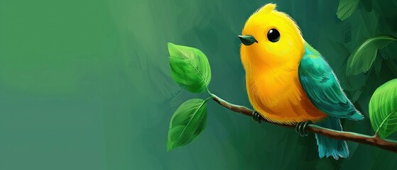 Sticker -   A painting depicts a yellow bird perched on a green-leafed branch against a green backdrop