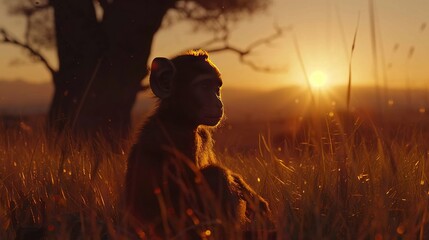 Sticker -   Monkey in Field at Sunset