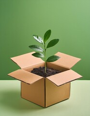 Plant growing in a cardboard box on simple colored background with copy space