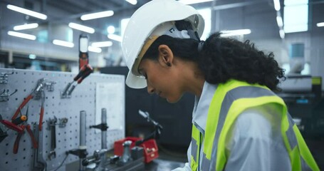Leinwandbilder - Female Technician Standing at a Workbench, Using an Electronic Measuring Device to Test a Metal Component Before Sending it Away to the Warehouse. Young Latin Woman Working at a Manufacturing Factory