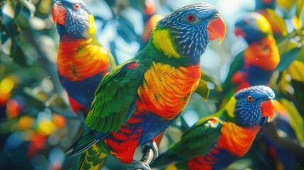 Poster - A group of colorful birds perched on top of a tree, offering a vibrant and lively image