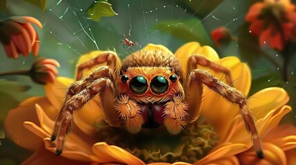 Wall Mural -   A close-up shot of a spider perched atop a blooming flower, with a fly hovering nearby