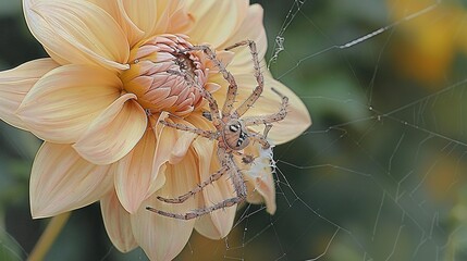 Wall Mural -   A macro shot of a spider on top of its web amidst flowers