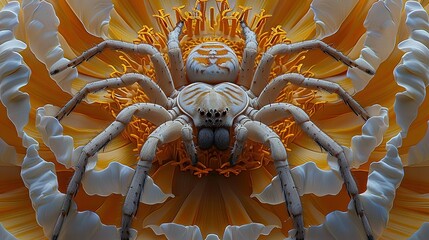   Close-up shot of yellow and white flower with big spider on its back