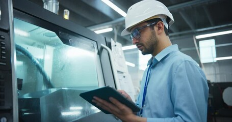 Leinwandbilder - Industrial Engineer at Work. Multiethnic Male Using Tablet Computer to Update Settings, Downloading New Production Instructions for the CNC Machine in a High Tech Metal Factory