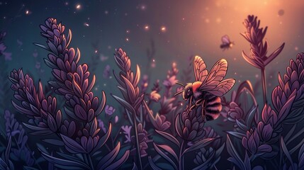 Wall Mural -   Bee among flowers under moonlit sky