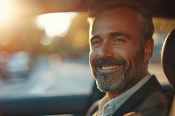 Wall Mural - Business man sitting in the car smiling