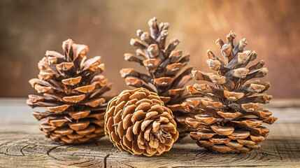 Wall Mural -   Three pine cones atop wood table with blurred background