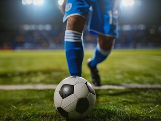 Wall Mural - blue football shirt on a football field; match shirt; visible lines; a football; 