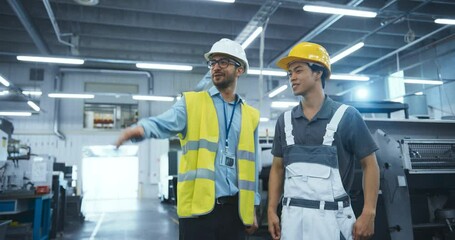 Aufkleber - Technical Inspector Meeting a Young Manager at an Industrial Production Plant. Men Shake Hands and Discuss Operational Strategies in a Modern Factory. They Wear Hard Hats and Safety Uniform