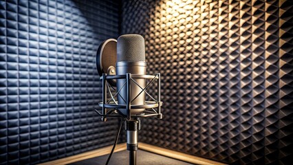 Isolated studio microphone with pop shield positioned on a stand in an empty recording studio, ready for a performance, with ample copy space around it.