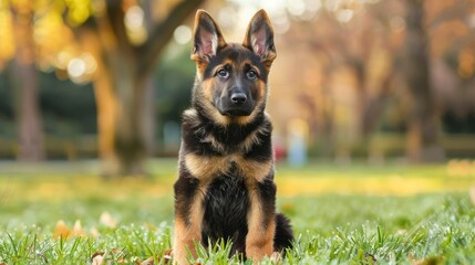 Wall Mural - German Shepherd pup sitting on grass in park gazing at the camera attentively Room for text