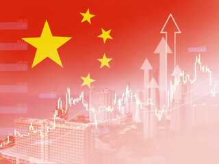 China flag background, China Business arrow up and Financial and real estate stocks market graph of Chinese, Downtown and Financial District City of China's, Global trade competition.