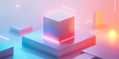 Abstract Futuristic 3D Render Minimalistic Style with Floating Geometric Shapes Isometric Design, Light Color Theme, Bright Background, and Soft Lighting