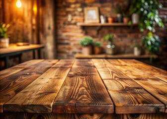 Wall Mural - Vintage wooden table top background with distressed texture, warm brown tones, and subtle cracks, evoking a nostalgic and cozy atmosphere in a rustic setting.