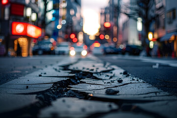 Wall Mural - In a busy city street, there is a road with a long crack, depicting the effects of an earthquake. The background appears blurry