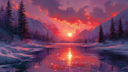 Wall Mural - Snowy Mountain Sunset